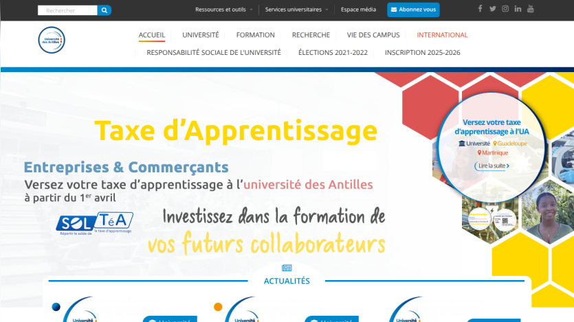 Université des Antilles homepage promoting apprenticeship tax payment and investment in future collaborators