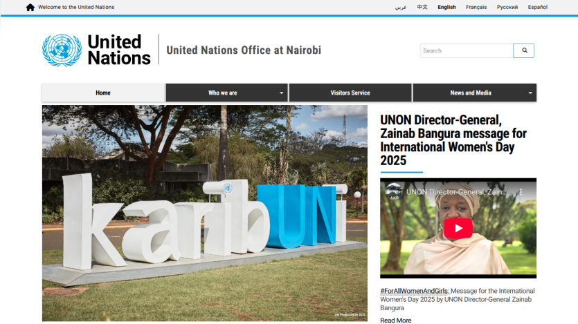 United Nations Office at Nairobi homepage with navigation, a large 'karibUNi' sign image, and a message for International Women's Day 2025 by UNON Director-General
