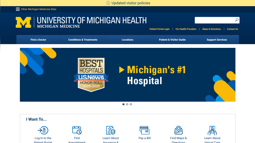 University of Michigan Health homepage featuring 'Michigan's #1 Hospital' and navigation options.