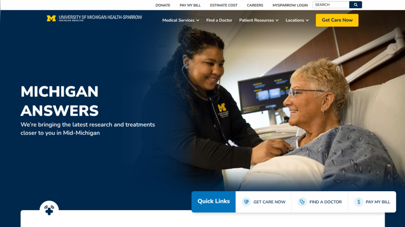 University of Michigan Health-Sparrow homepage with medical services navigation and patient care image