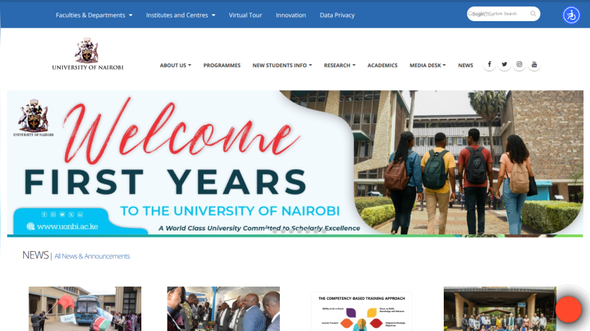Welcome banner for first-year students at the University of Nairobi with images of students.