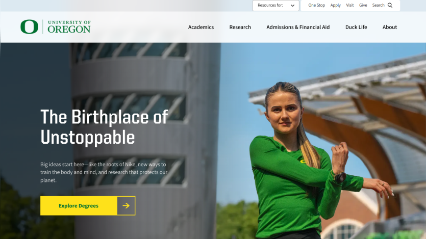 University of Oregon homepage featuring a student and the tagline 'The Birthplace of Unstoppable'.