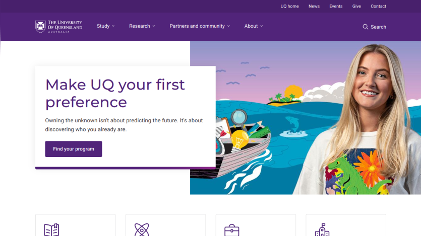 Homepage of UQ featuring a woman and a call to action to find a program.