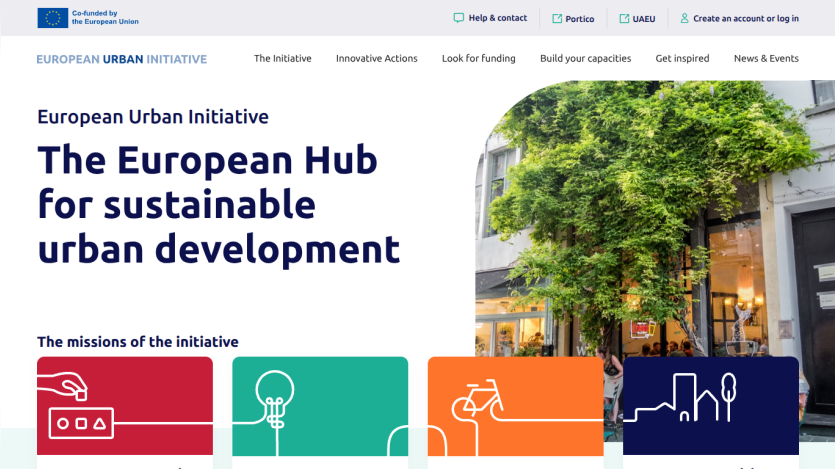 European Urban Initiative homepage with headline about sustainable urban development and mission icons below a city street photo.