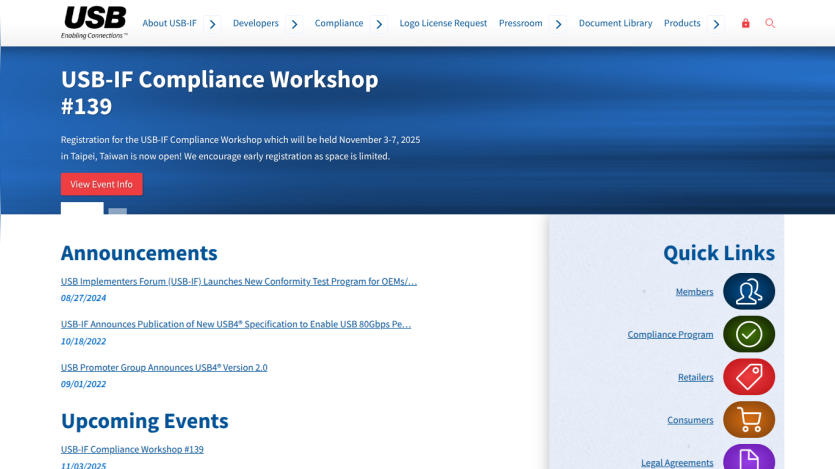 USB-IF Compliance Workshop page with announcements and quick links displayed.