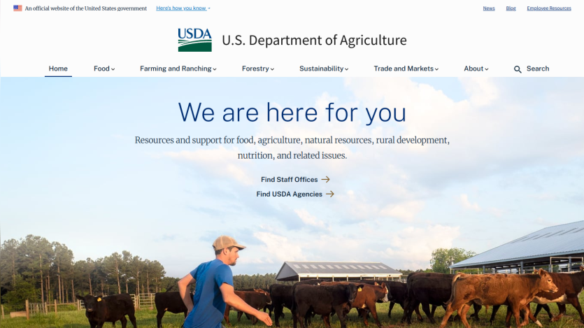 USDA homepage featuring support resources for food, nutrition, and agriculture.