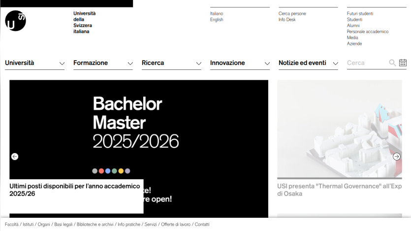 Homepage of a university featuring Bachelor and Master programs for 2025/2026.