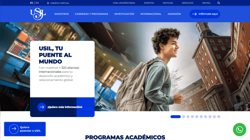 USIL website showcasing a student with the tagline 'USIL, your bridge to the world'.