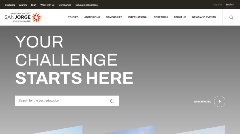 University homepage with headline 'Your Challenge Starts Here' and a search bar for education options