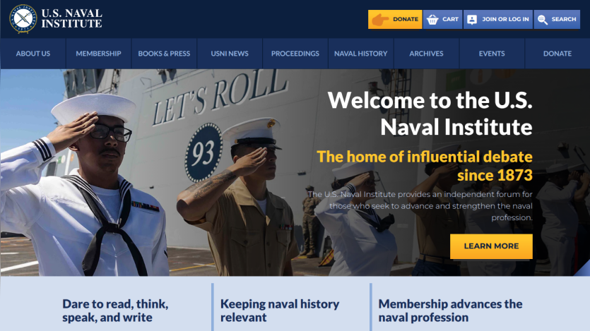 Homepage of the U.S. Naval Institute featuring a welcome message and key navigation options.