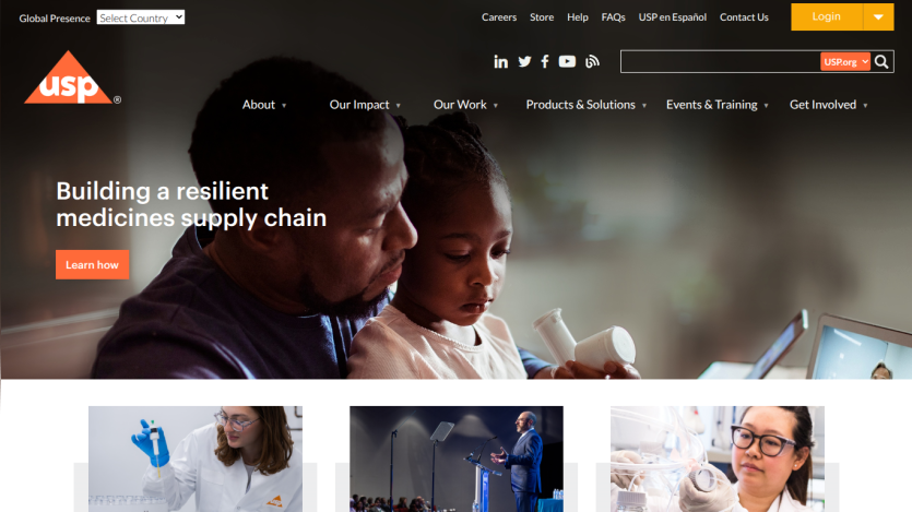 Homepage of USP featuring a father and daughter with a message about resilient medicines supply chain.