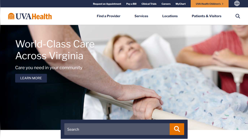 UVA Health homepage featuring a patient receiving care with a call to action to learn more.