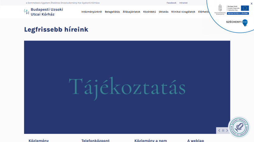 Budapesti Uzsoki Utcai Kórház website showing latest news section with headline Tájékoztatás and navigation menu