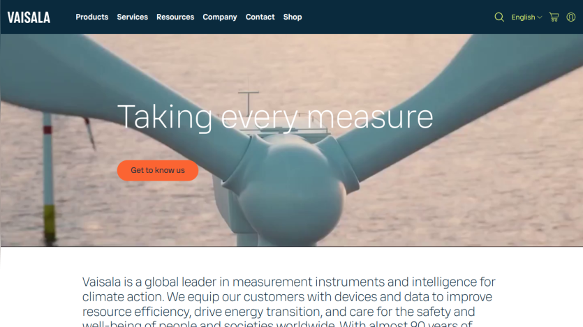 Homepage of Vaisala featuring a wind turbine and the text 'Taking every measure'.