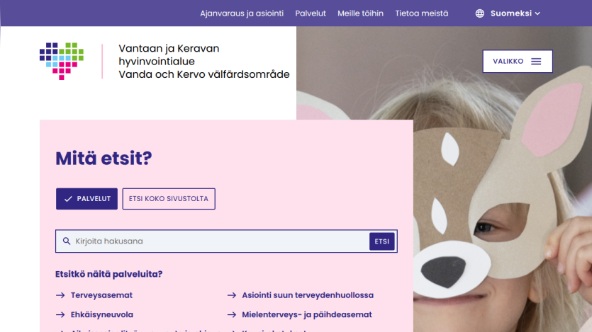 Vantaan ja Keravan hyvinvointialue website with search bar and service links in Finnish and Swedish