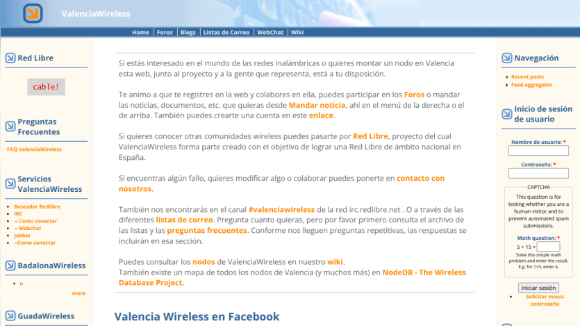 ValenciaWireless website homepage with navigation links and information about wireless networks and community participation in Spanish