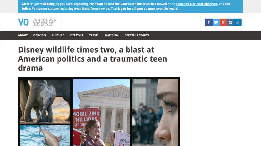 Vancouver Observer homepage with headline on Disney wildlife, American politics, and teen drama, plus navigation and social links