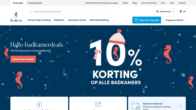 E-commerce homepage offering 10% discount on all badkamers with navigation and call to action