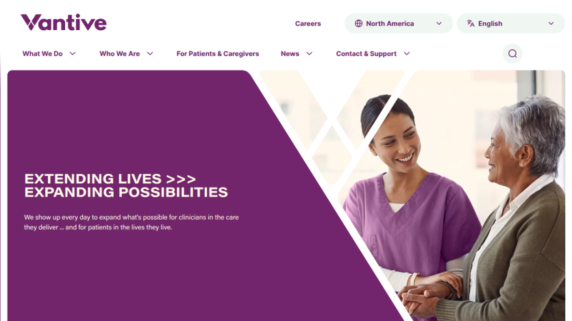 Vantive website hero section with headline about extending lives and expanding possibilities, showing two smiling people