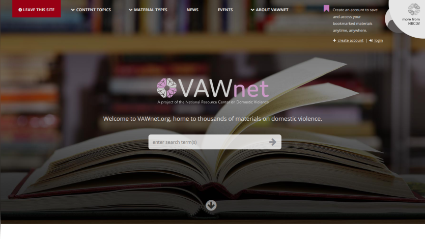 VAWnet homepage with navigation menu, welcome text about domestic violence materials, and search bar over an open book background