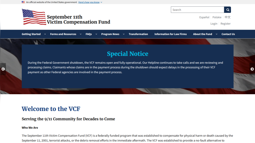 September 11th Victim Compensation Fund homepage with special notice about federal government shutdown and program information.