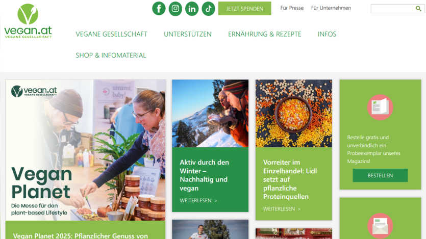 Vegan.at homepage featuring Vegan Planet 2025 event, articles on sustainable vegan winter activities, plant-based protein sources, and magazine subscription offer
