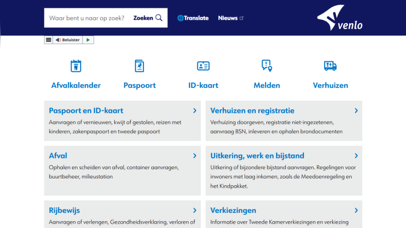 Municipality of Venlo website with search bar, navigation links, and service categories like passport, moving, waste calendar, and elections