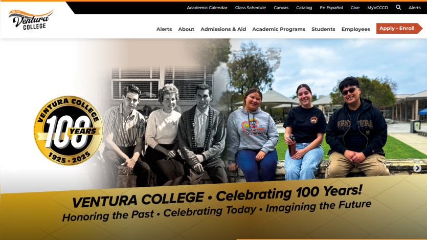 Ventura College homepage celebrating 100 years with images of past and present students and navigation menu