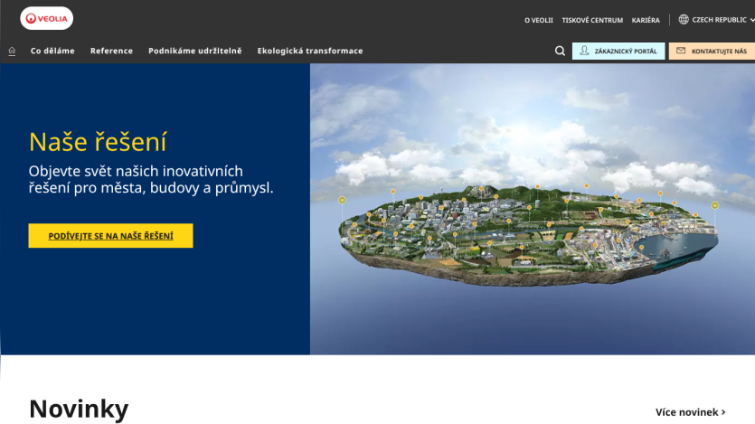 Veolia website hero section with innovative solutions for cities, buildings, and industry and a detailed cityscape image