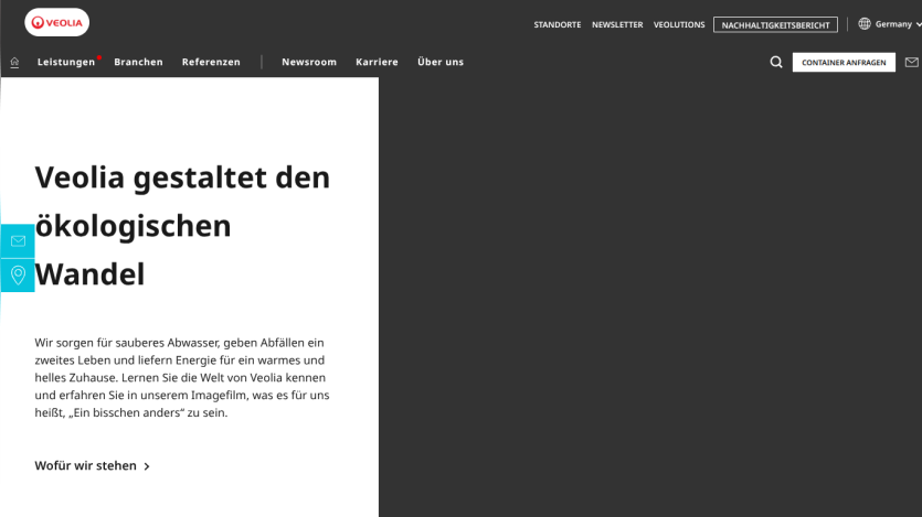 Veolia website hero section with headline about ecological change and description of services in German