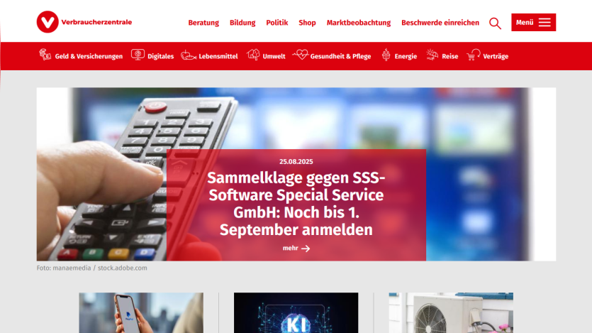 Website homepage featuring a call to action about a legal claim against a software company.