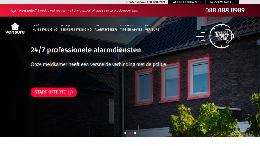 Verisure homepage offering 24/7 professional alarm services with quick police connection and a call to action button