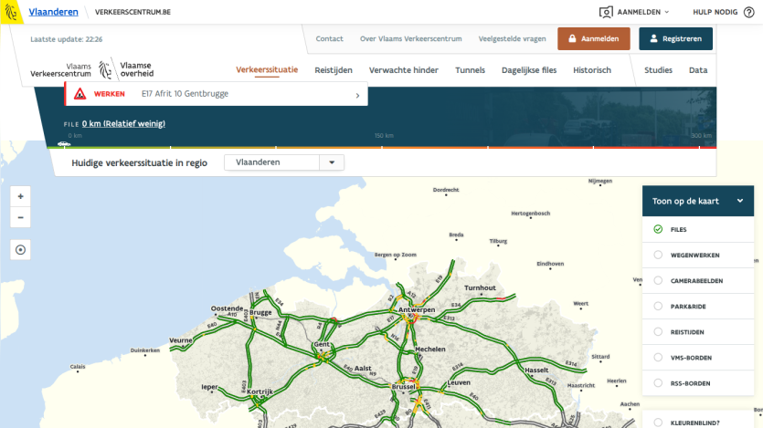 Traffic situation map of Vlaanderen region showing current traffic conditions and roadworks info