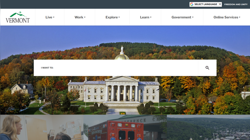 Vermont state website featuring a search bar and a scenic view of the state capitol building.