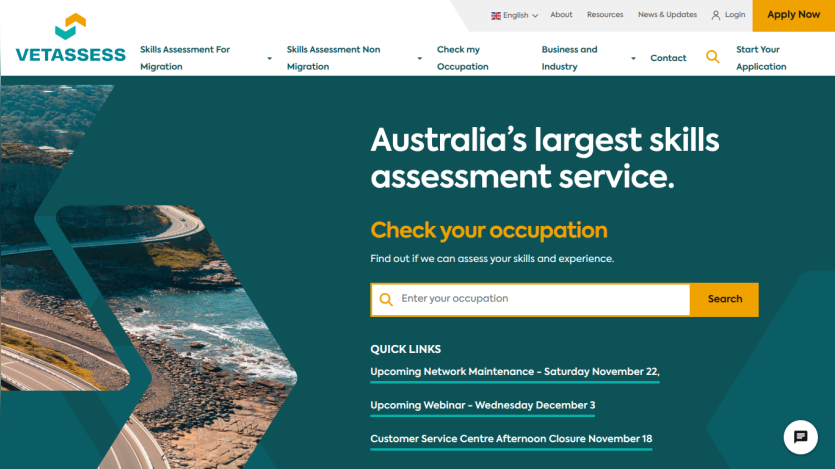 Vetassess homepage offering Australia's largest skills assessment service with occupation search and quick links