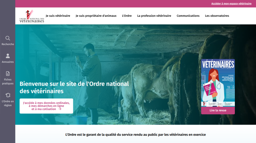 Homepage of the French National Order of Veterinarians with navigation menu and welcome message over image of a veterinarian with cows