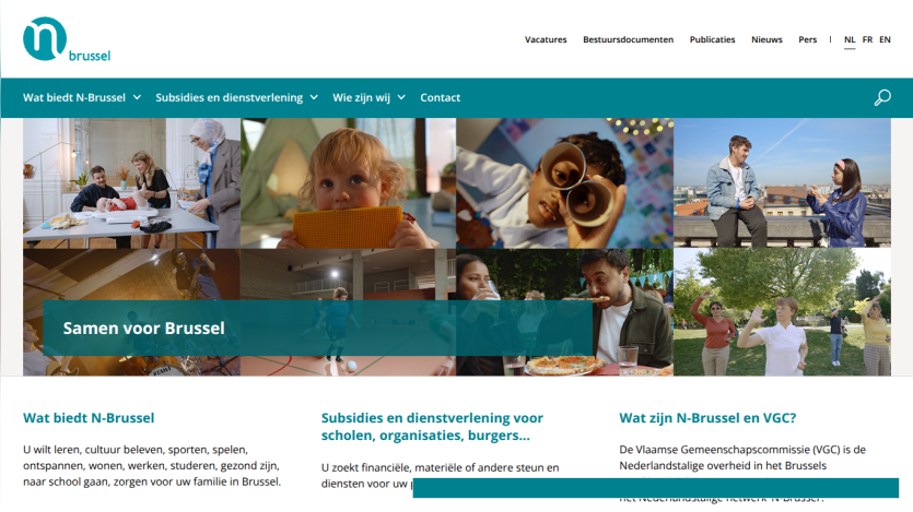 Brussel VZW homepage with navigation, hero images of people and animals, and sections on subsidies and services