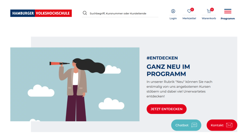 Hamburger Volkshochschule website with search bar, new program announcement, and buttons for discovery, chatbot, and contact