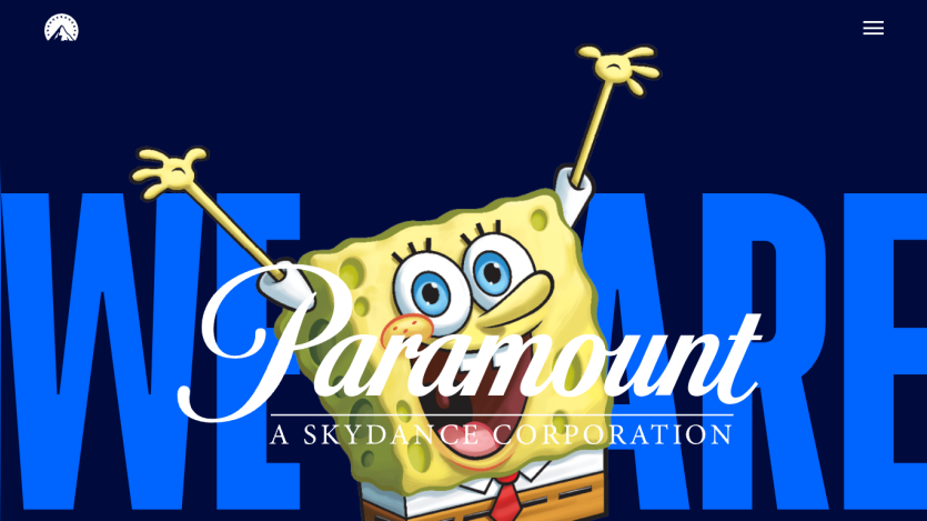 Paramount's homepage featuring SpongeBob with 'WE ARE' text prominently displayed.