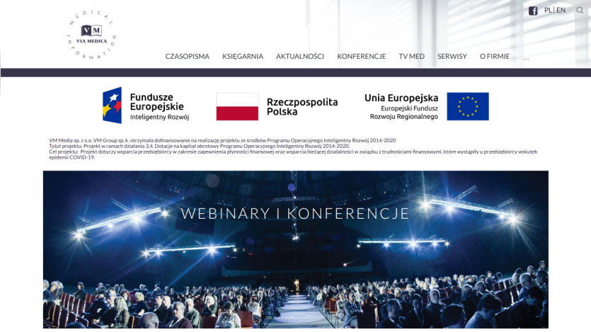 Website header with navigation and a hero image promoting webinars and conferences.