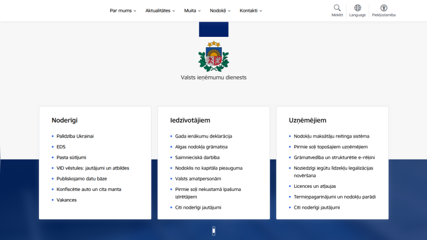 Website homepage featuring sections on services and information.
