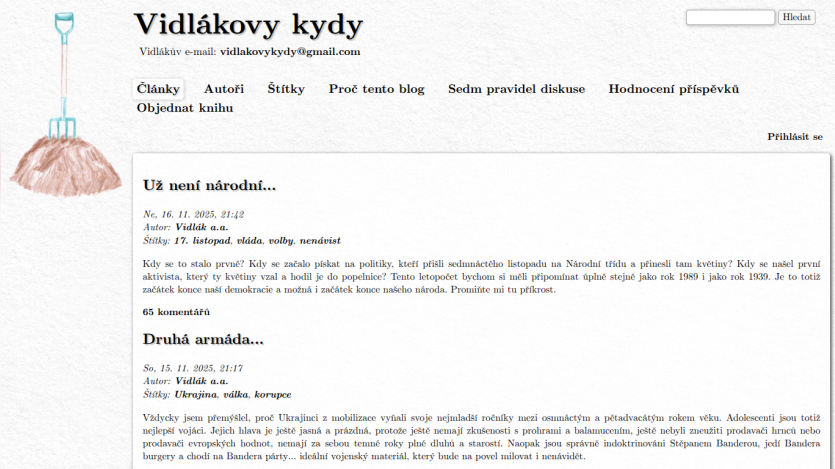 Blog homepage with articles on politics and society, navigation menu, and search bar visible