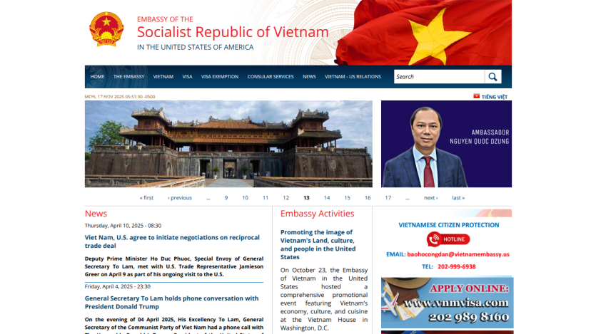 Embassy of the Socialist Republic of Vietnam in the USA website with navigation, hero image of a historic building, ambassador photo, news, and contact info.