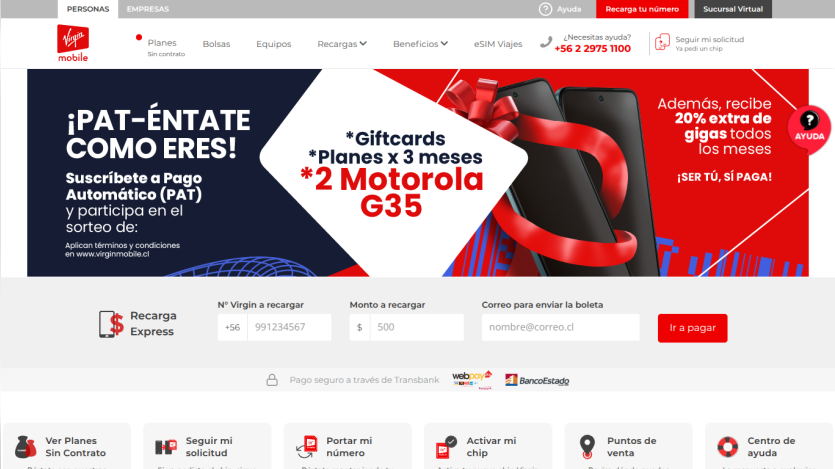 Virgin Mobile website promoting Motorola phones with eSIM, recharge form, and navigation menu in Spanish