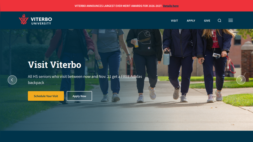 Viterbo University homepage with navigation menu and call to action buttons to schedule a tour or apply now