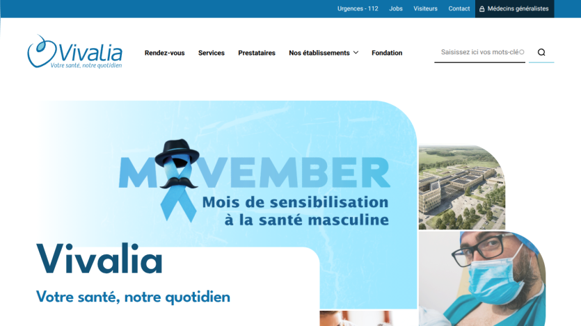 Vivalia healthcare site promoting Movember men's health awareness with navigation and search