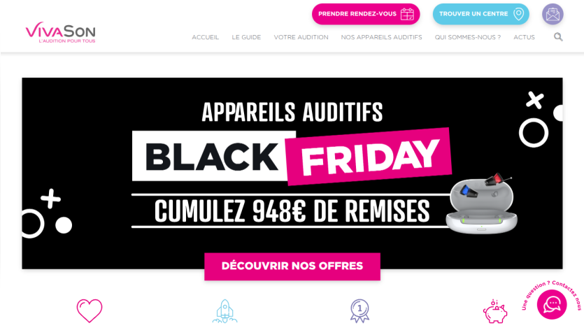 VivaSon website header with navigation and Black Friday hearing aid discount offer of 948 euros