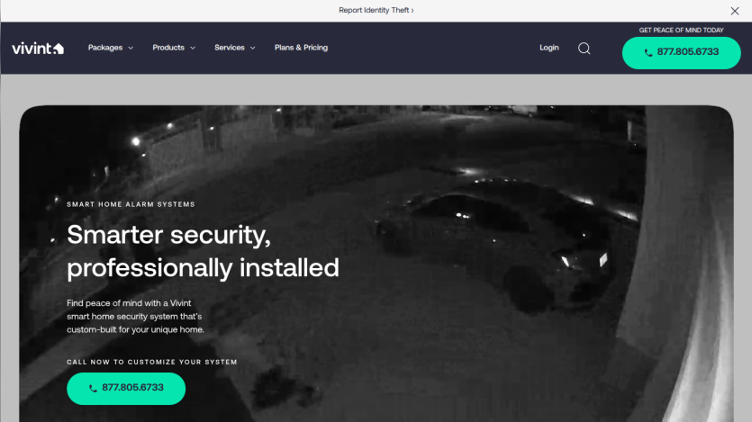Home page showcasing security services with a nighttime camera view and a call to action button.