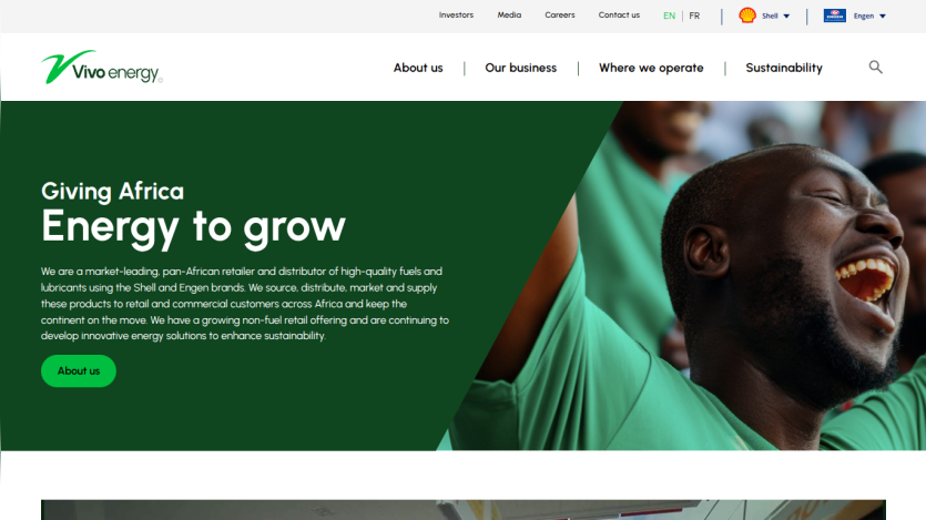 Vivo Energy homepage with navigation and hero section promoting energy solutions in Africa