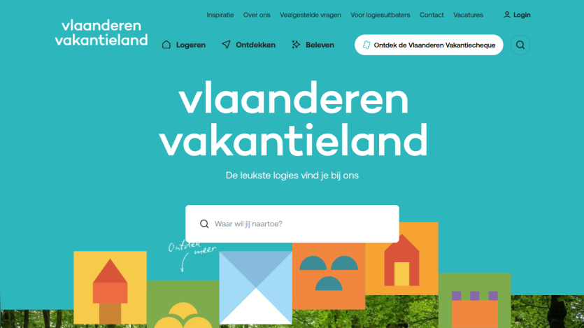Vlaanderen vakantieland homepage with search bar and navigation for lodging, discovery, and experiences